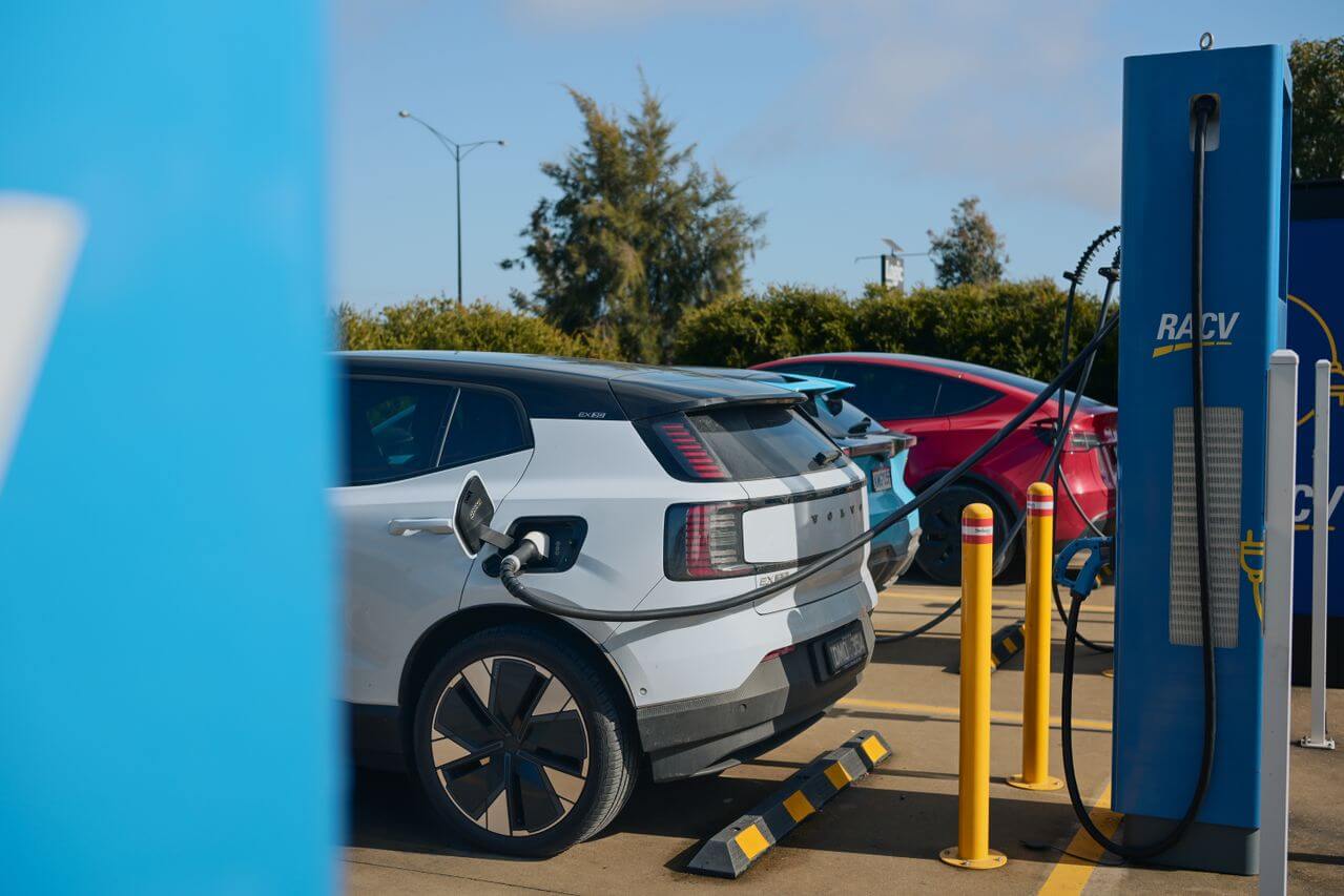 An electric car connected to an RACV public fast charger